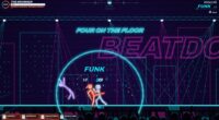FOUR ON THE FLOOR banner over a neon fight with confetti and a shockwave